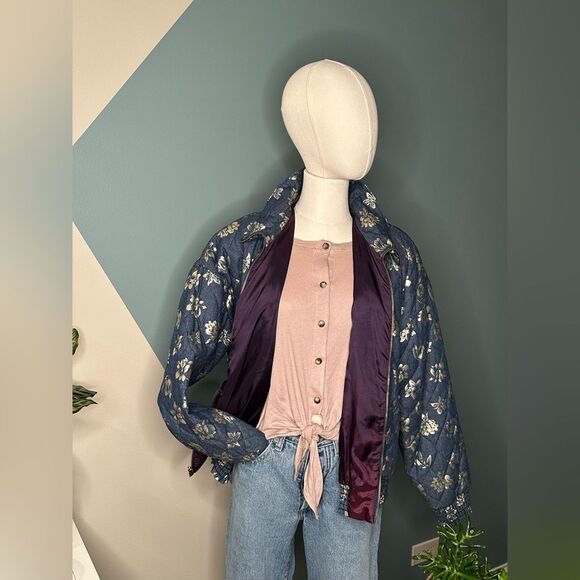 Ice Nine 1980s Vintage Quilted Floral Metallic Bomber Jacket Made in USA size S - Picture 2 of 15